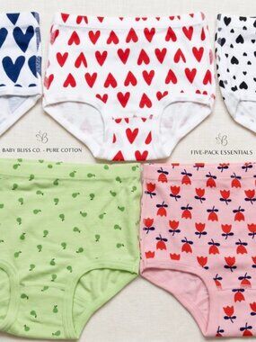 Baby Bliss Co. Girls Pure Cotton Briefs 5-Pack Size S - Hearts & Floral Prints